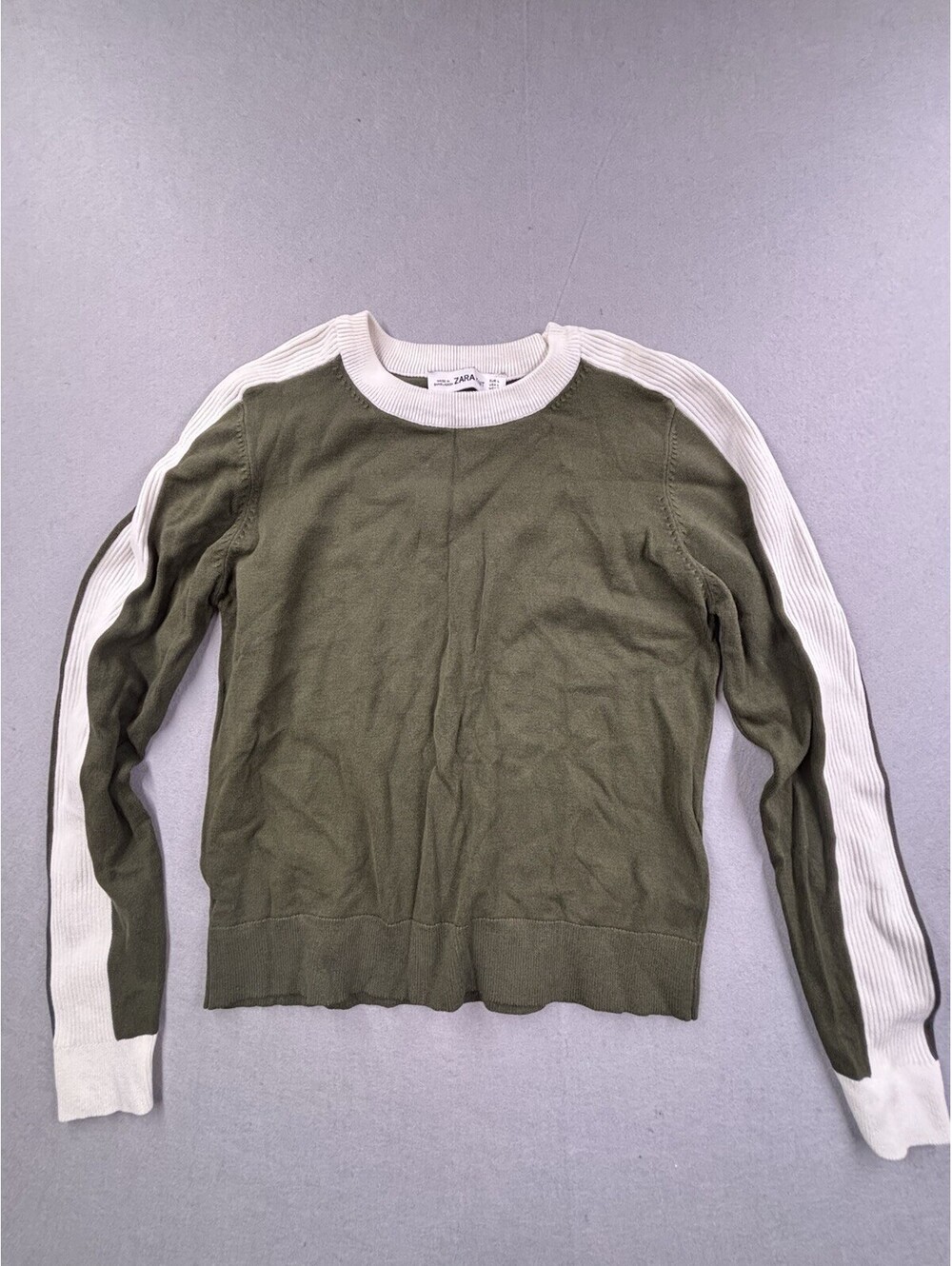 Zara Sweater Womens Large Green Crew Neck Stripe Knit Pullover‎ Colorblock